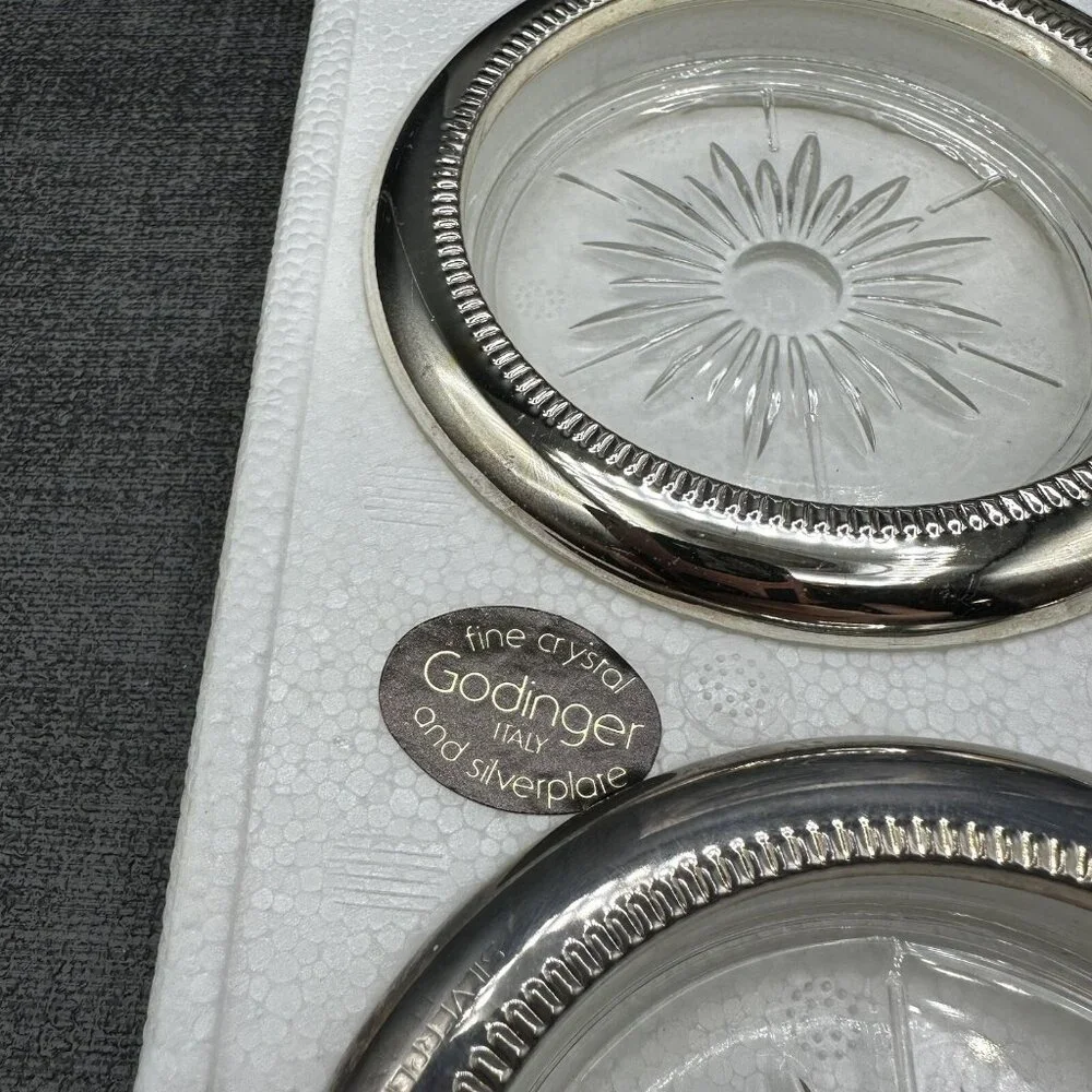 Vtg Godinger Silver Plated Crystal Coasters Starburst Pattern Italy NOS Boxed